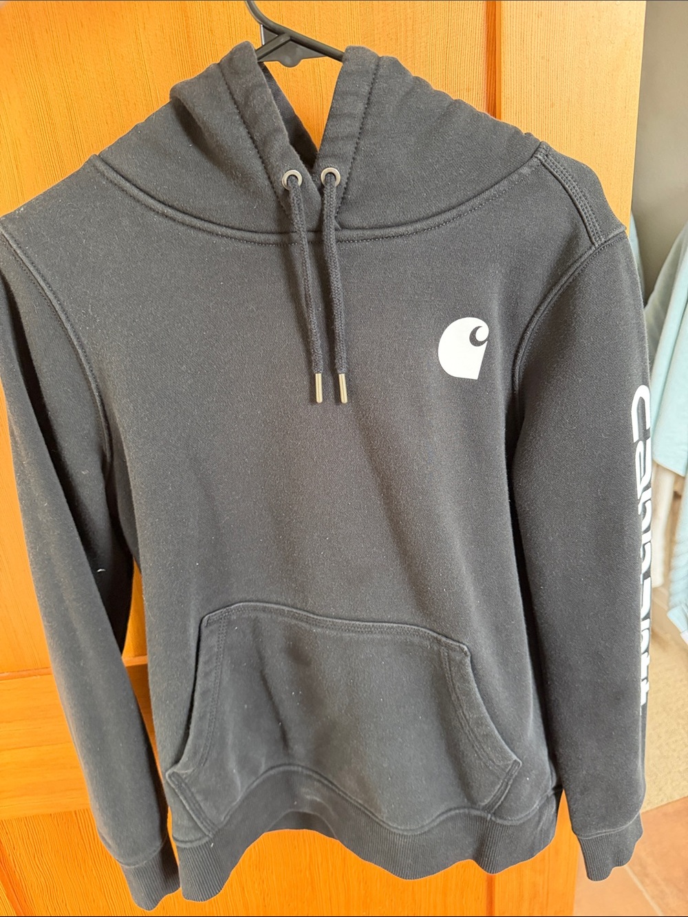 Carhartt Black Pullover Hoodie with White Logo and Sleeve Text